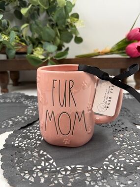 Rae Dunn Pink "FUR MOM" Ceramic Mug with Paw Accents